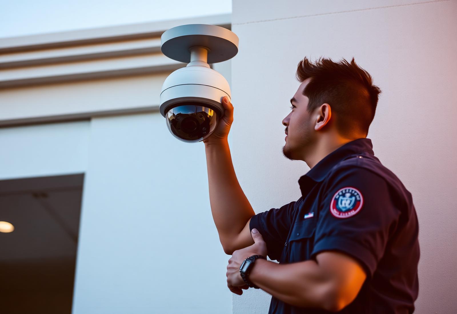 Security technician installing surveillance camera